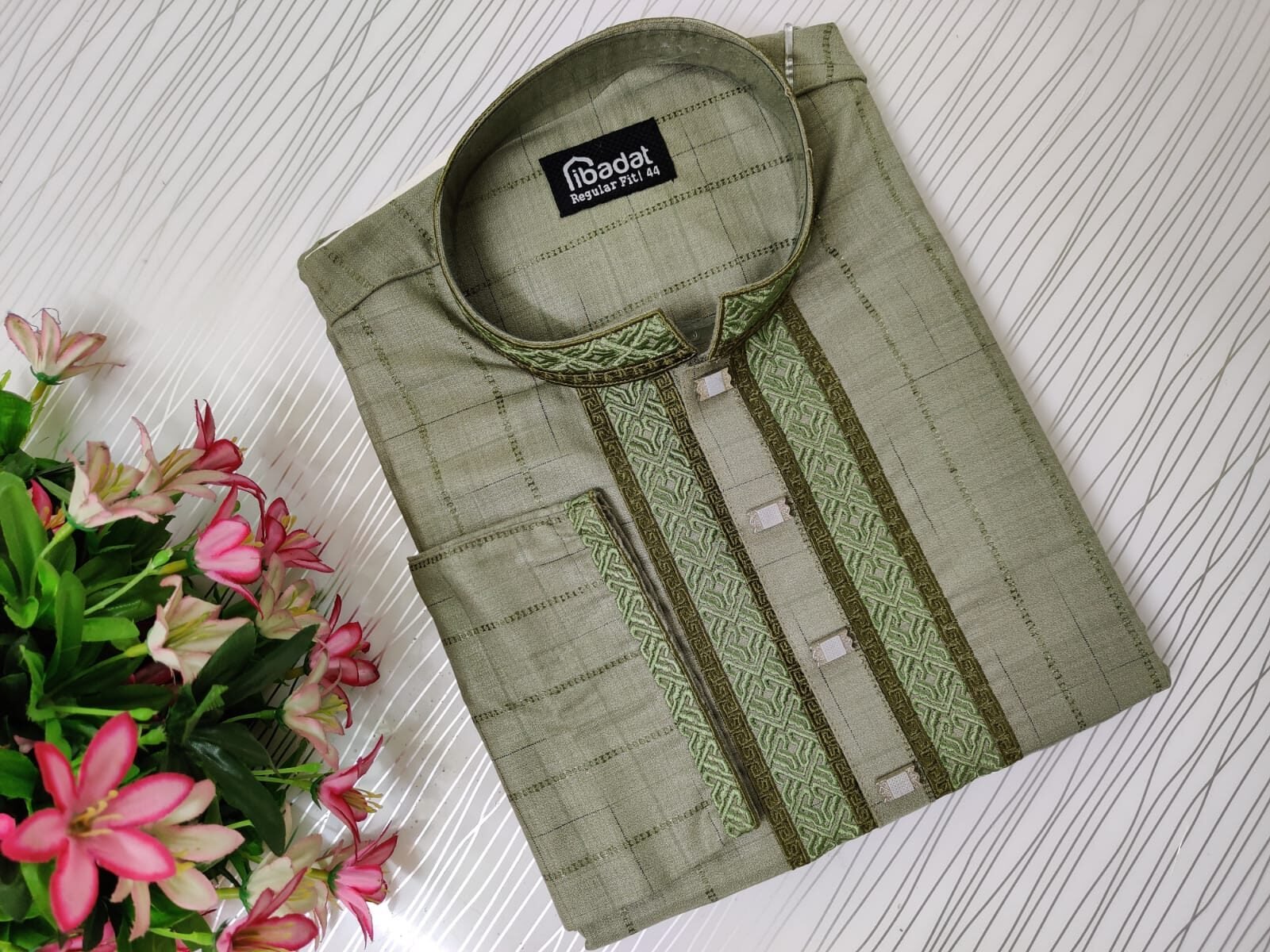 Olive Green Check Panjabi