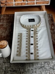 White Color Cotton Fabric Curly Embroidery Panjabi