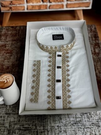 White Color Cotton Fabric Curly Embroidery Panjabi