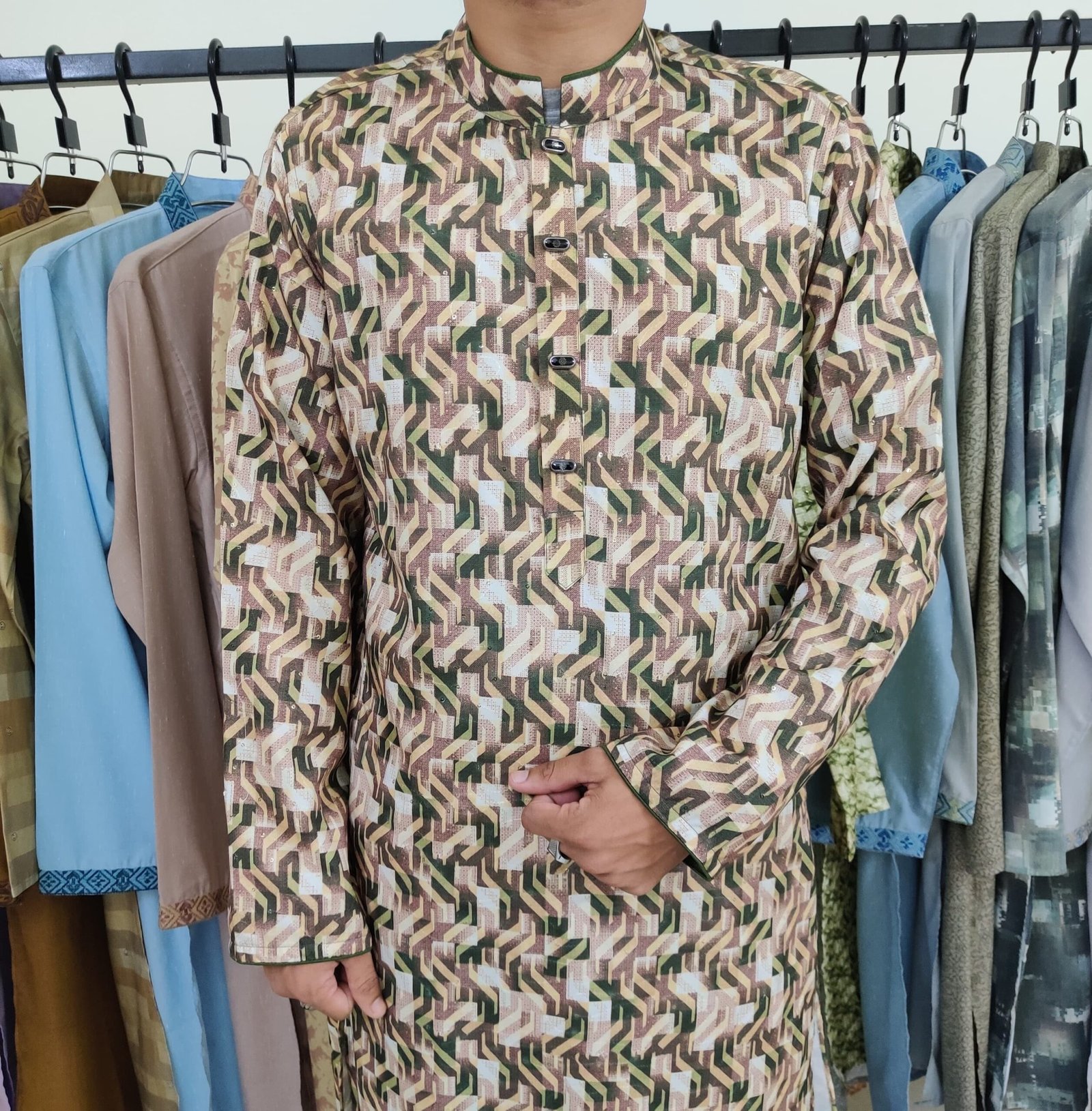 Bangla Sequence (olive) print Punjabi