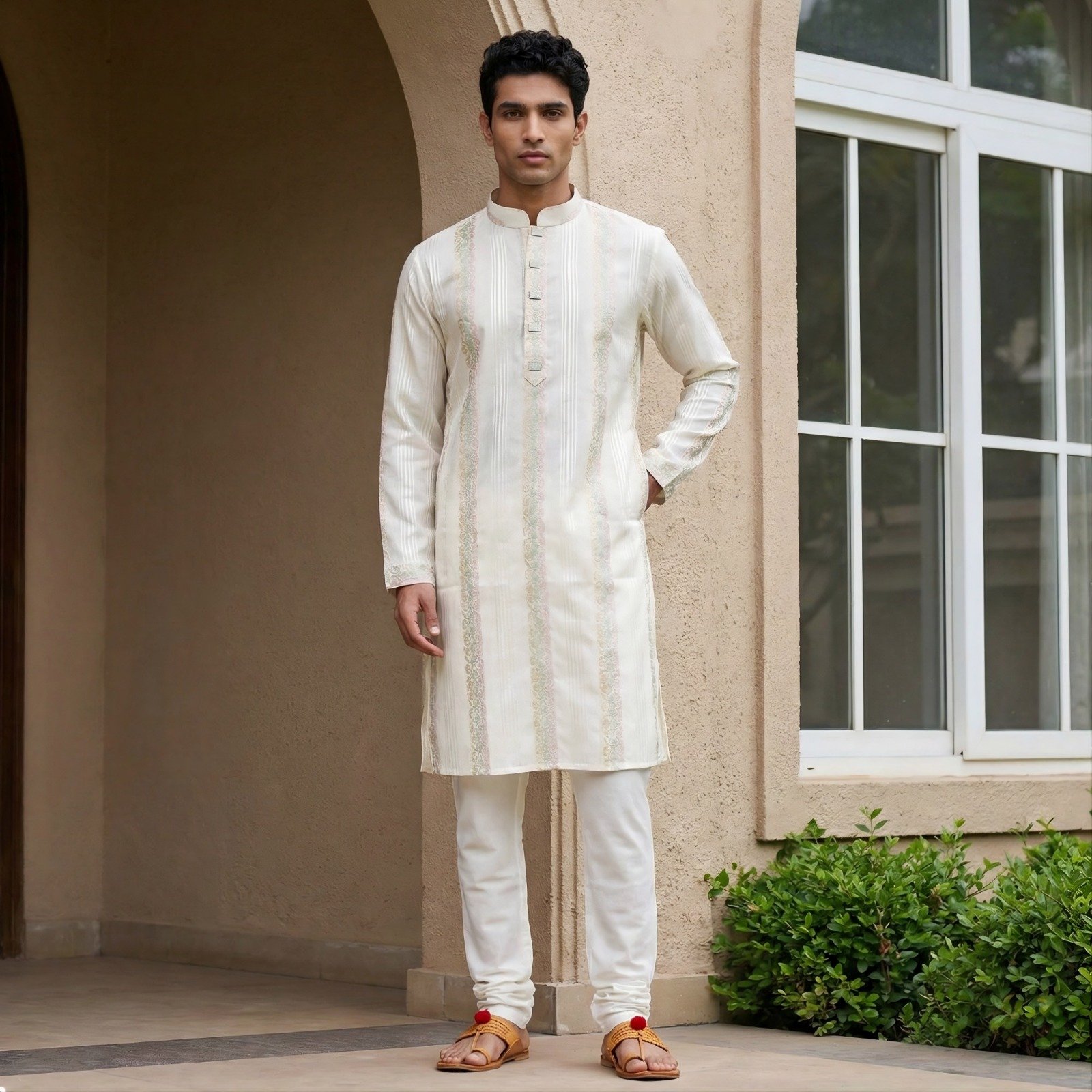 Cream Color Premium Print Panjabi-1