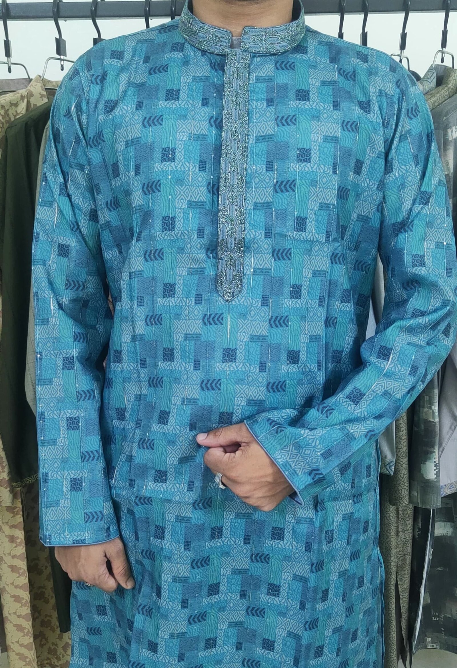 Metalic Blue Color Abrodary Print Panjabi.