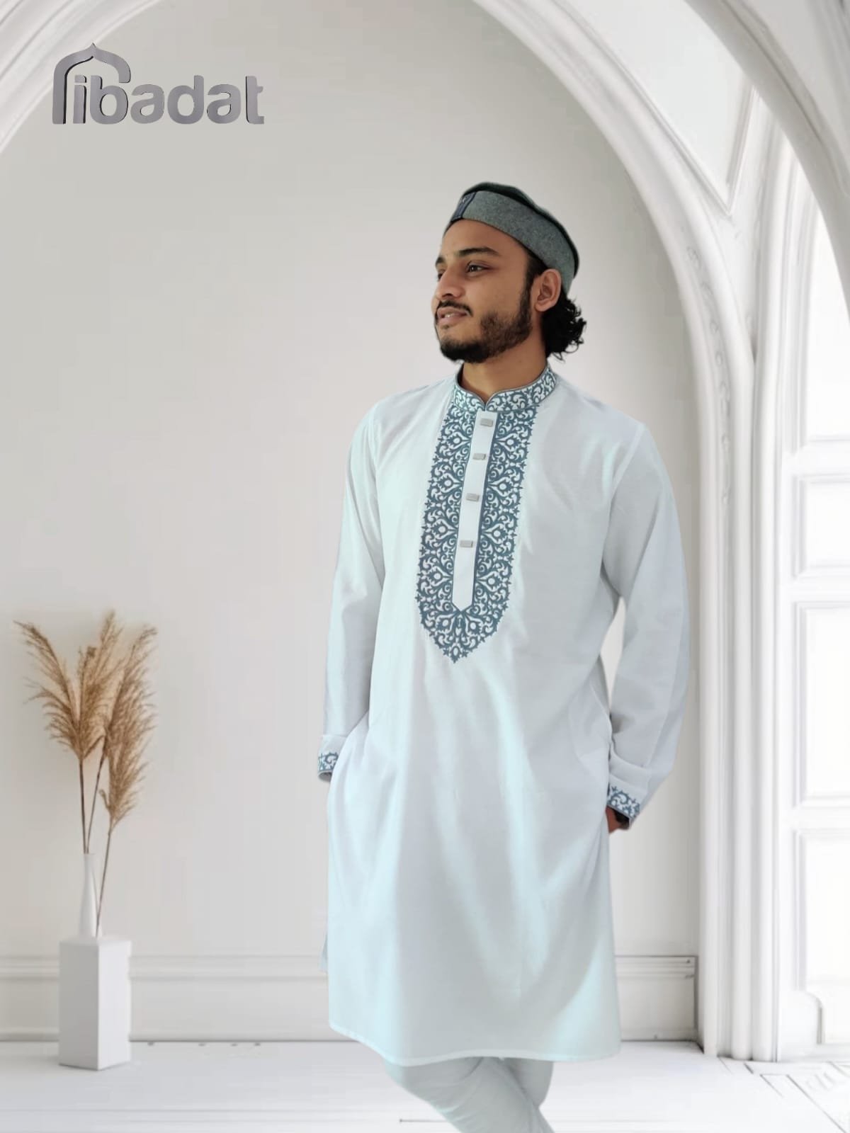 Ibadat Exclusive Embroidery Cotton Febric (White Colour)