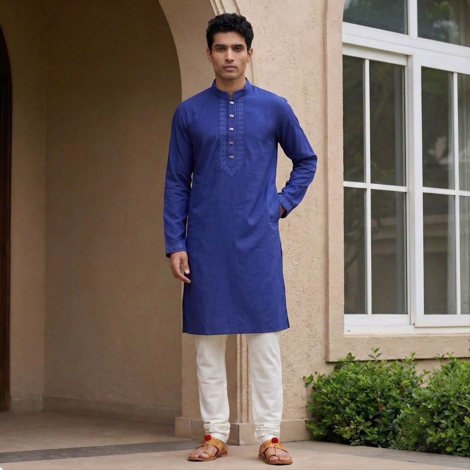 Navy Blue Cotton Fabric Panjabi