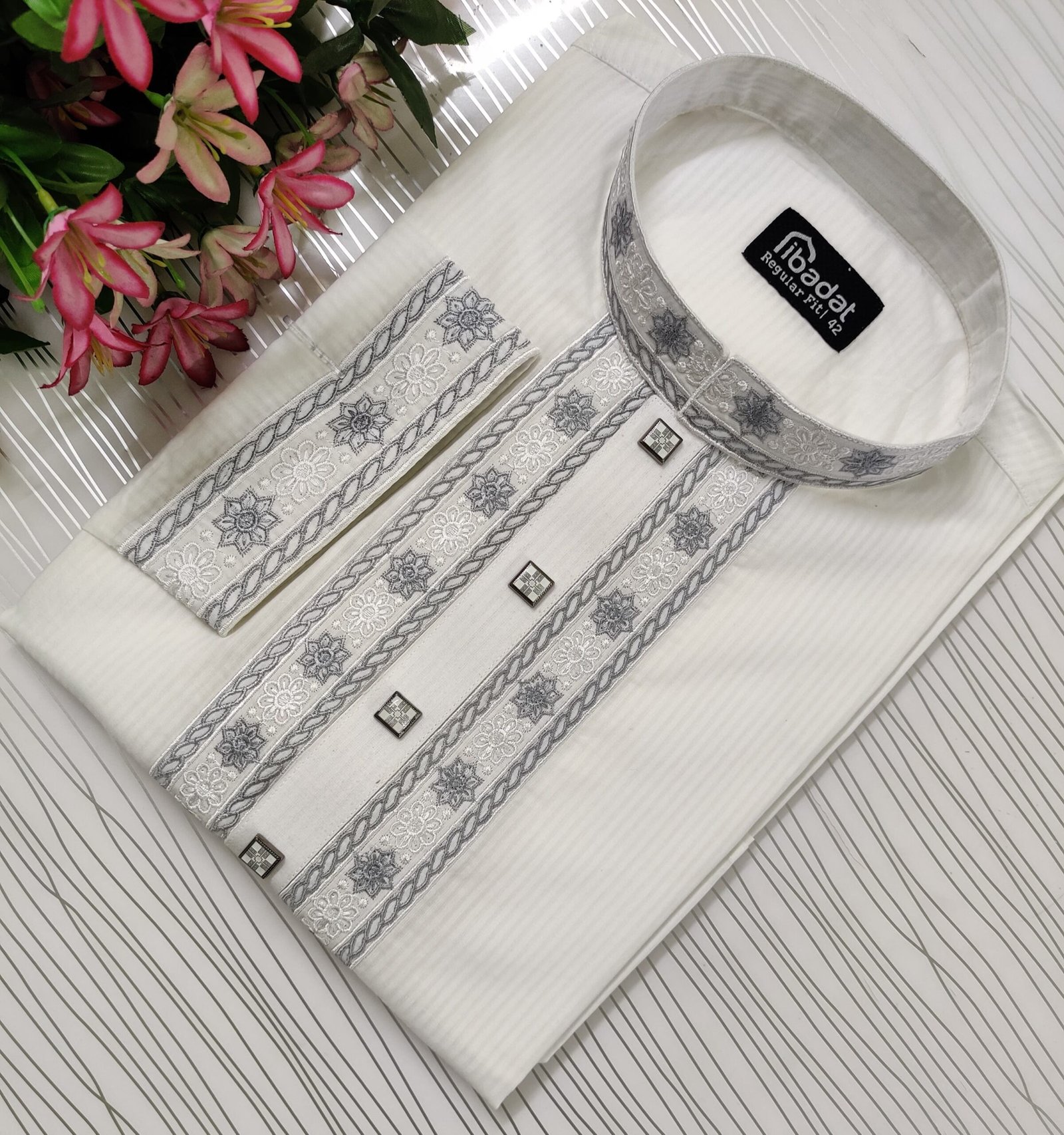 Ibadat Exclusive Embroidary cotton febric ( White Check )